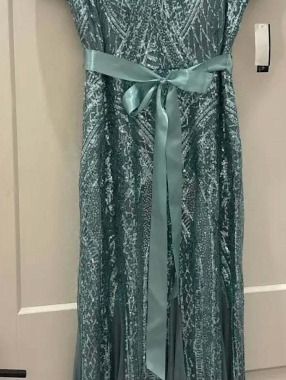 Sparkling Light Turqoise Beaded Evening Gown with Sash Size 12